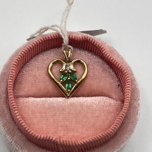 14kt Gold Heart Necklace with Green emerald Gemstone and small natural diamond